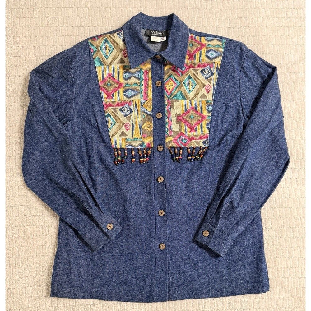 Nebula Denim Button Up Shirt Beaded Geometric Western Boho Women Size 10 Blue